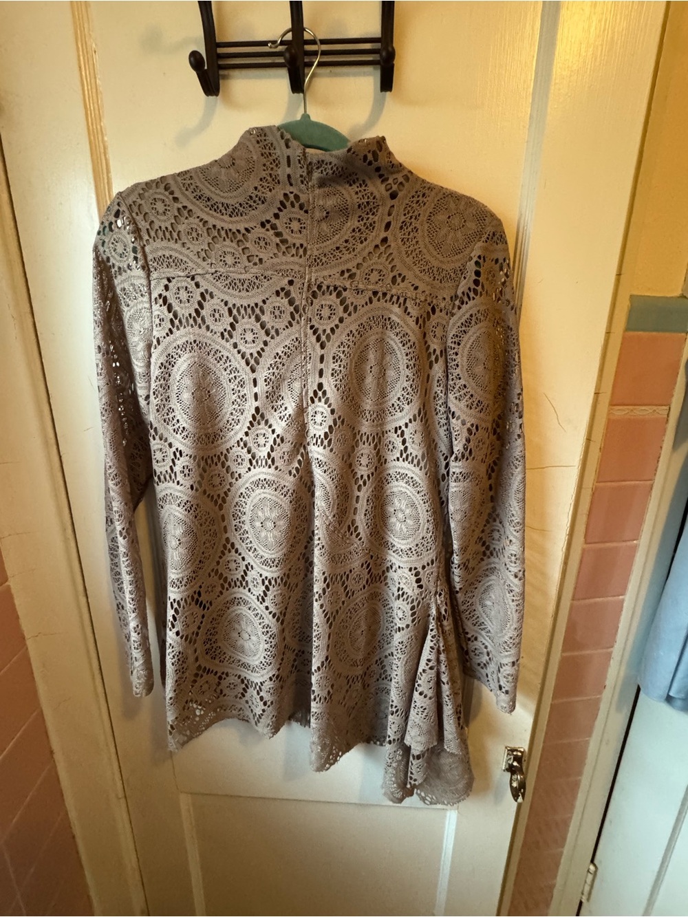Soft Surroundings Crochet Lace Tunic Top Medium Taupe Mock Neck Boho